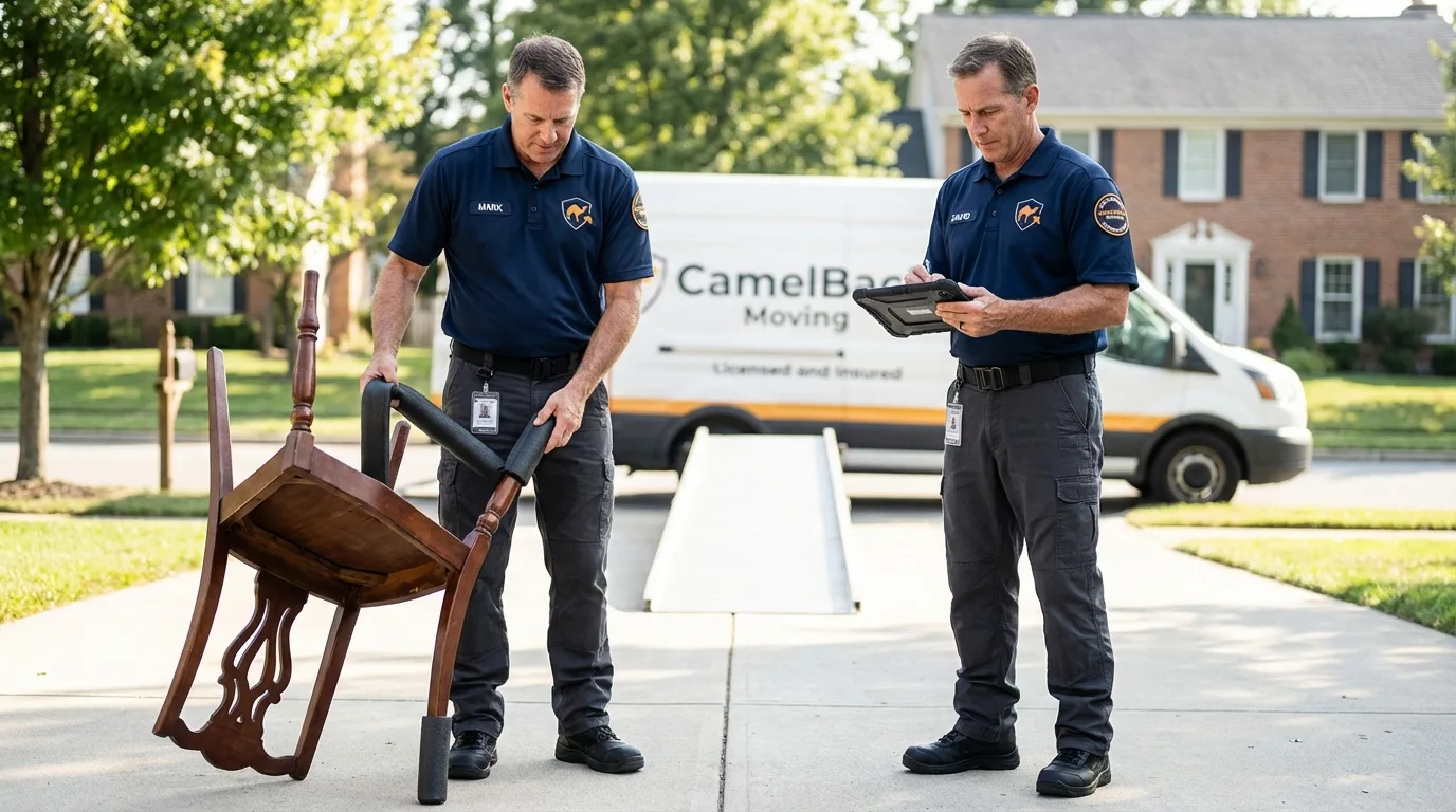 Movers inspecting furniture for damage prevention before loading in Dawsonville, GA