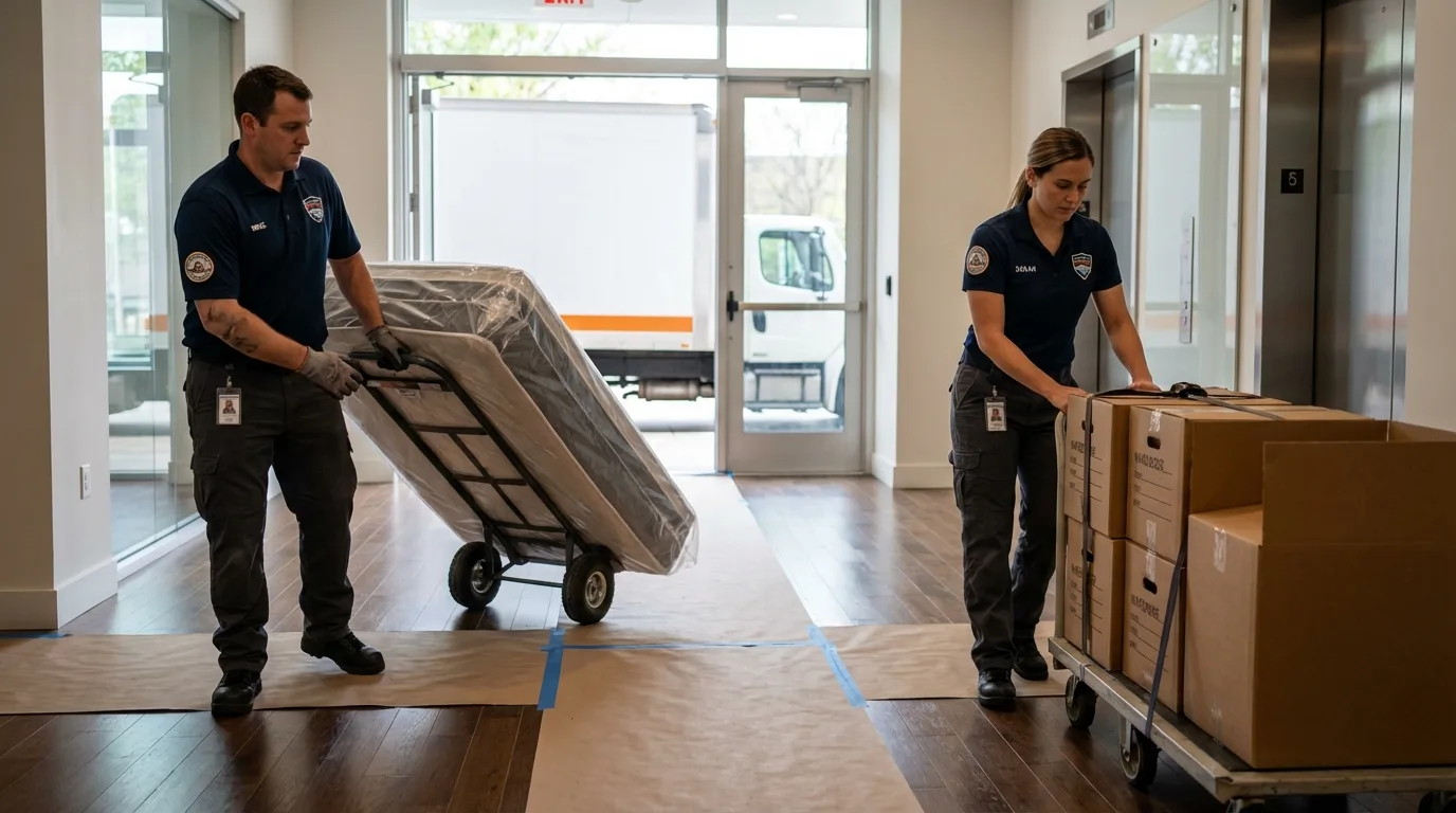 Professional apartment movers loading elevator in Dawsonville, GA
