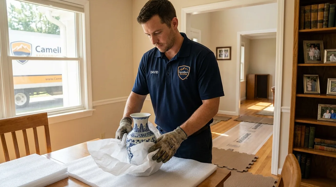 Professional crew carefully wrapping antique vase for senior downsizing move in Dawsonville, GA